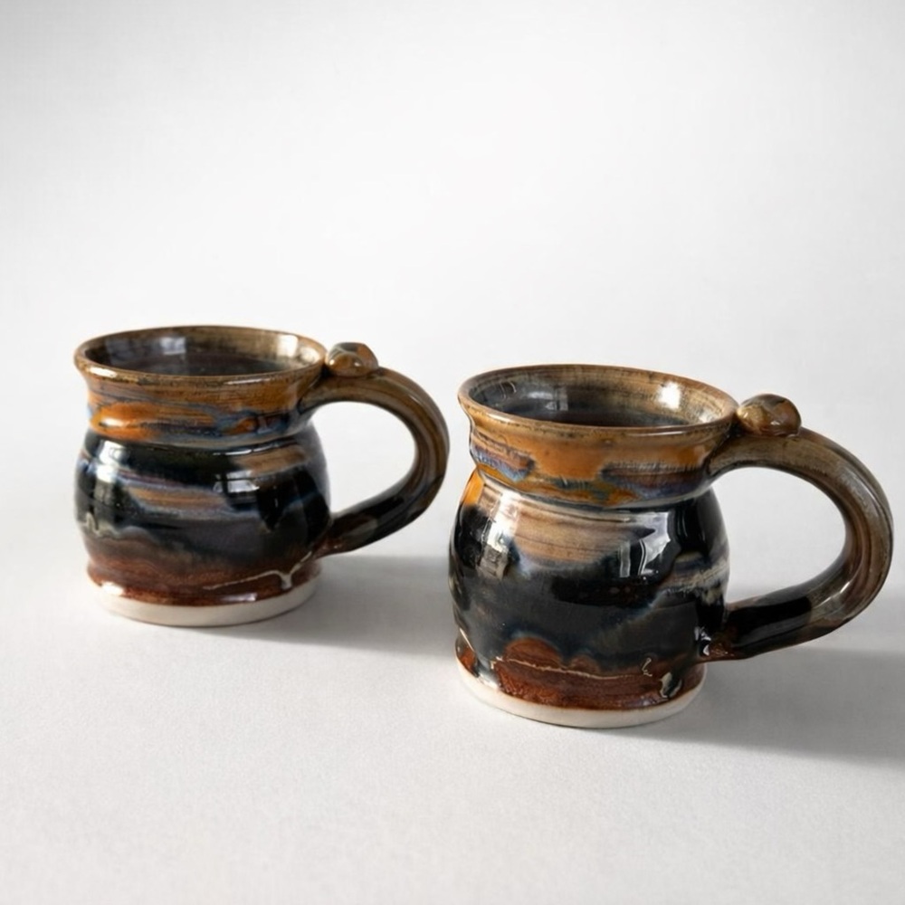 STUDIO POTTERY MUGS SET/2 BOHO HANDMADE MCM COTTAGE-CORE CABIN-CORE‎ SURF SHACK